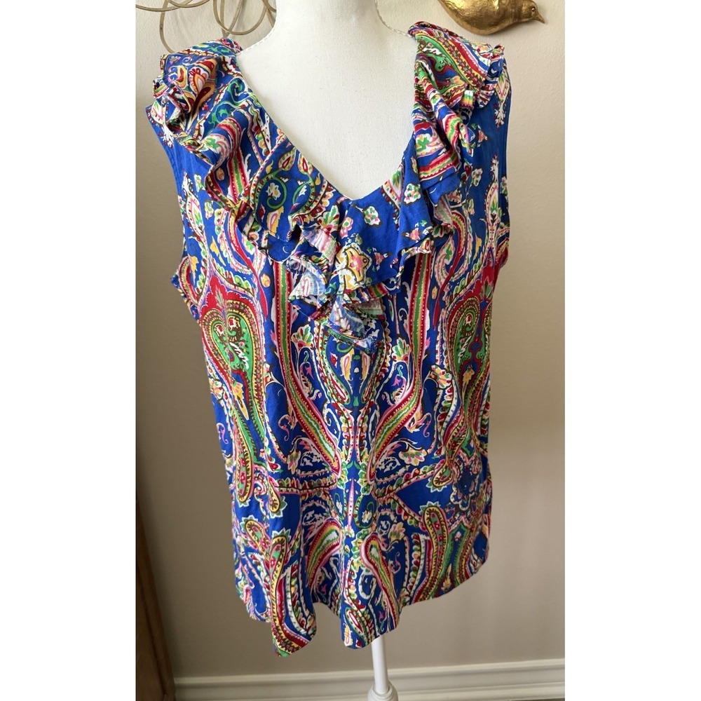 Ralph Lauren 2X Sleeveless Ruffle Neck Top Green Yellow Floral Paisley Cotton